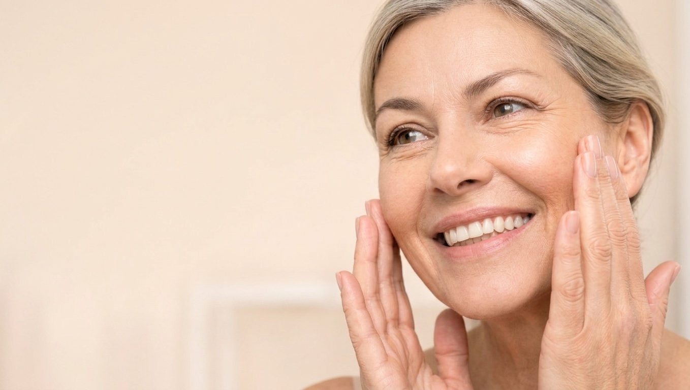 Confident, glowing midlife woman smiling