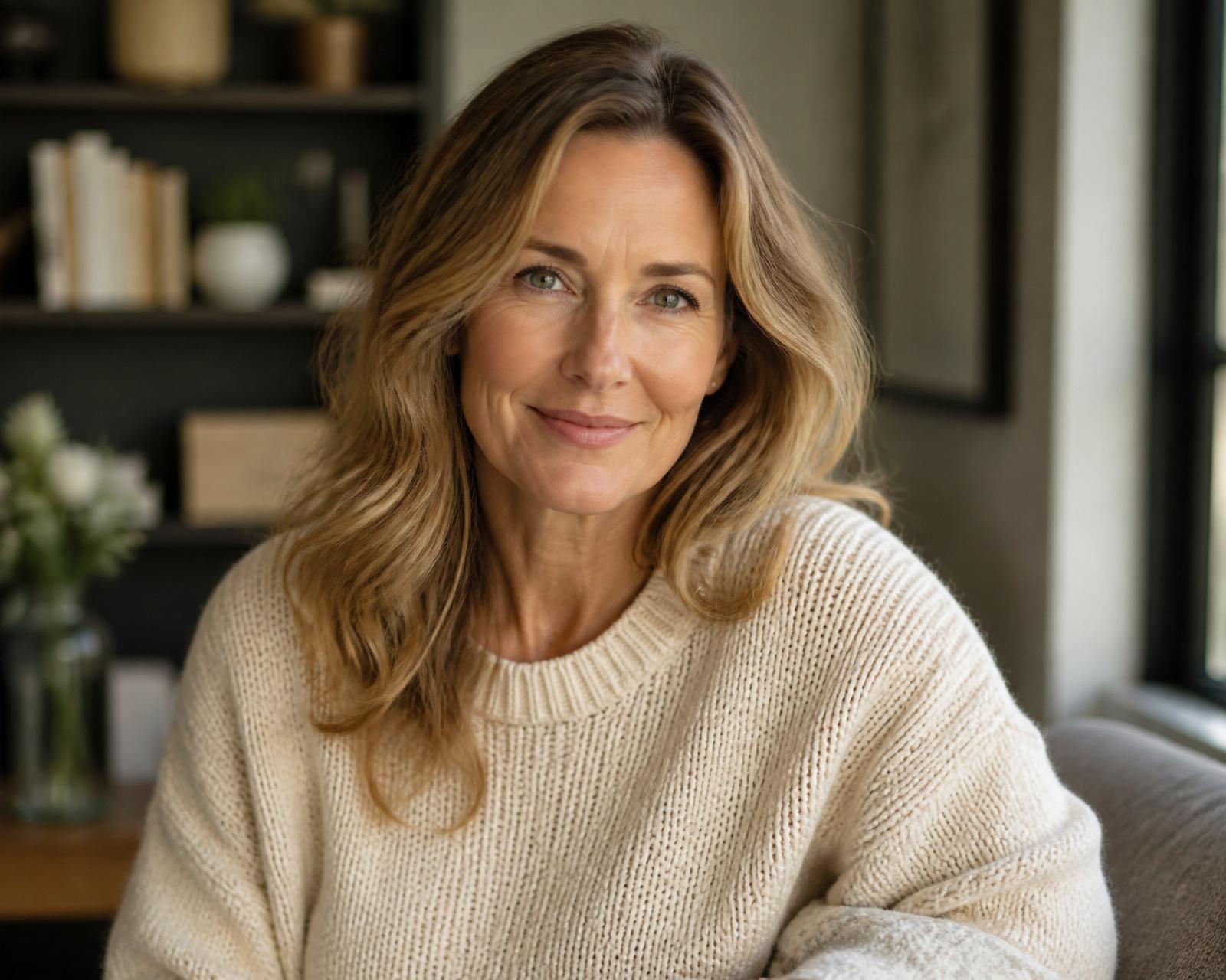 Confident midlife woman smiling, relaxed at home